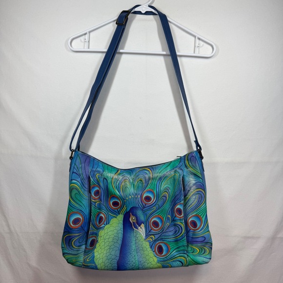 Anuschka Hand-Painted Leather Shoulder Bag Peacock Feathers Blue Green Purse - Picture 14 of 16